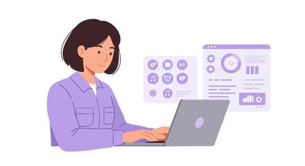 Woman working on laptop with analytics and icons in flat design