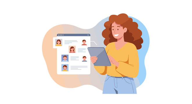 Woman using tablet for online networking and social media profile mana