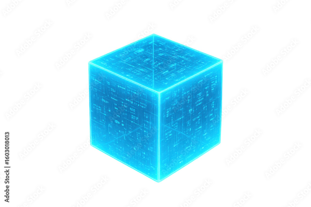 Poster futuristic glowing blue cube rotating, showcasing intricate circuit board patterns, ideal for techno