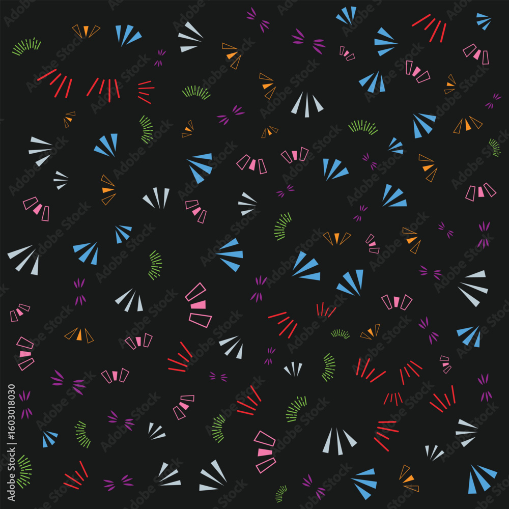 Poster colorful abstract geometric pattern on dark background a vibrant vector design with scattered shapes
