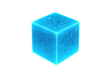Futuristic glowing blue cube rotating, showcasing intricate circuit board patterns, ideal for technology and innovation concepts