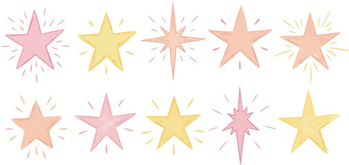 Collection of pastel colored star shapes with sparkling effects isolated on transparent background