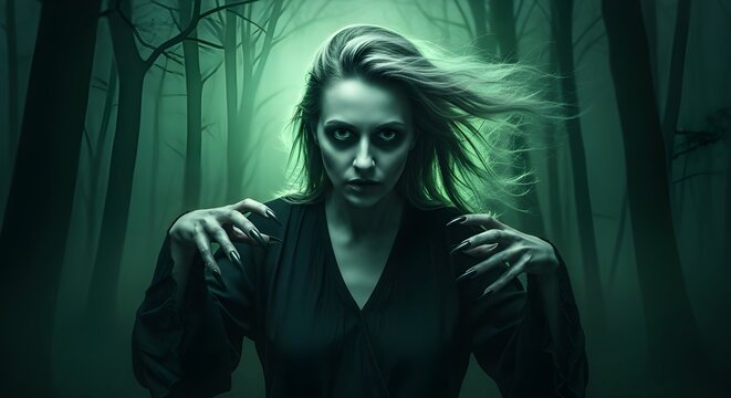 Scary creepy woman in forest, evil female in haunted woodland - Powered by Adobe