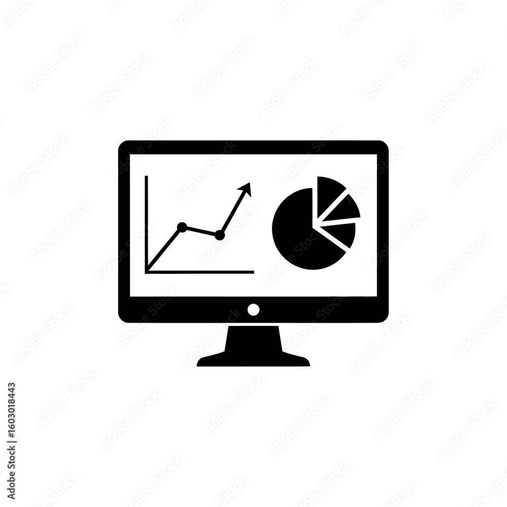 Fototapete A computer monitor displays a graph and pie chart on a white background