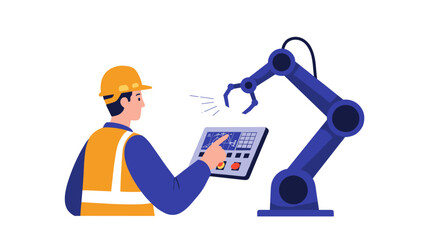 Engineer operating robotic arm with touchscreen control in flat design