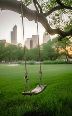 A solitary swing hangs from a large tree branch overlooking a grassy park with city buildings in the distance
