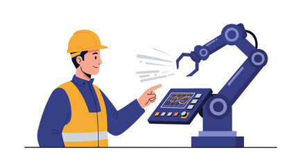 Engineer operating robotic arm with touchscreen interface in modern in