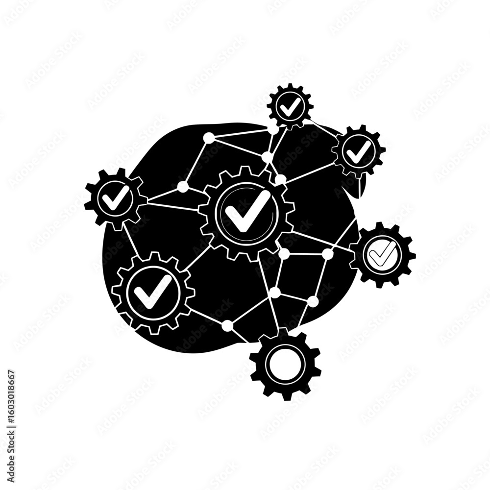 Poster a network of gears with check marks represents a successful and connected technological system