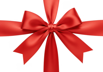 Elegant red ribbon tied in a bow, festive decoration element isolated on transparent background