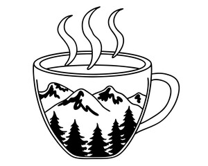 Hot coffee cup with mountain landscape silhouette