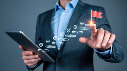 Confidently achieve business goals, climbing steps to success with digital strategy and modern technology