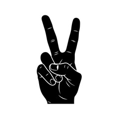 A hand is making a peace sign with two fingers