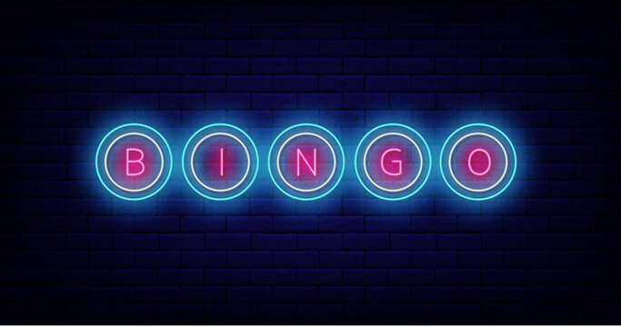 Bingo neon emblem. Letters in circles. Present online message. Casino jackpot. Glowing advertising. Vector illustration