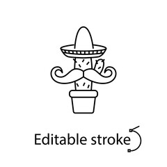 Mexican cactus with sombrero and mustaches outline icon. Tequila drink bar. Succulent plant. Vector stock illustration