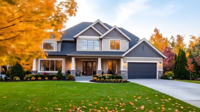 Autumn Home Exterior With Golden Leaves