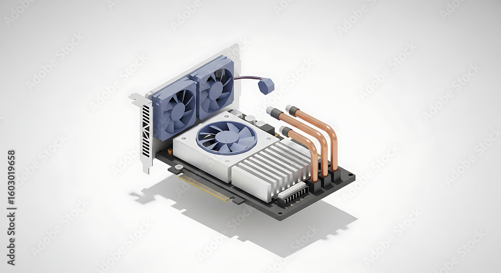 Fototapete Isometric view of a computer graphics card with a complex cooling system, showcasing dual fans and heat pipes.