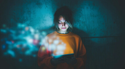 Woman using digital tablet in dark room with glowing abstract effects