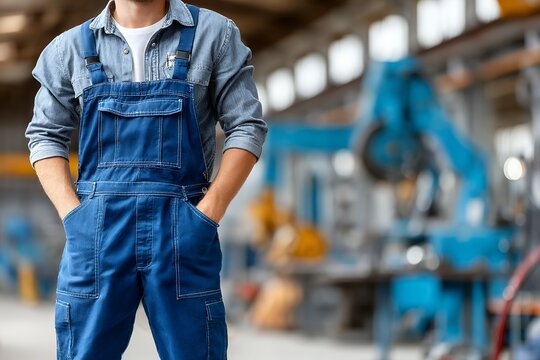 Young caucasian male worker in denim overalls in industrial facility