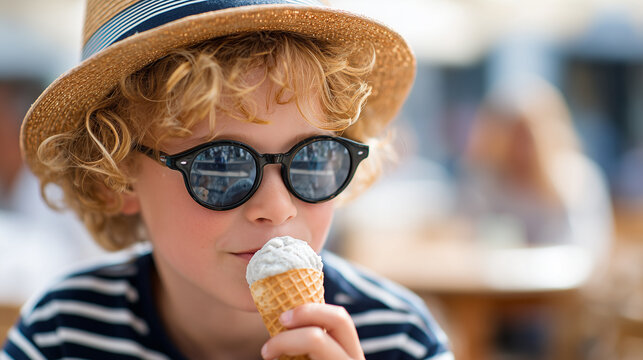 Cute boy with curly hair, sunglasses and a straw hat enjoys eating ice cream outdoors on a sunny day.