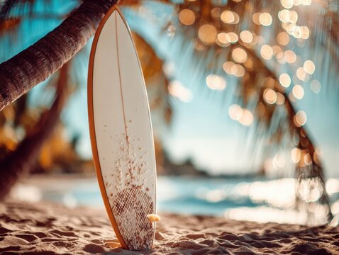 Surfboard resting on a sandy beach beneath palm trees. - Powered by Adobe