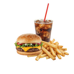 A delightful combo featuring a juicy cheeseburger, crispy golden fries, and an ice-cold soda on a transparent background