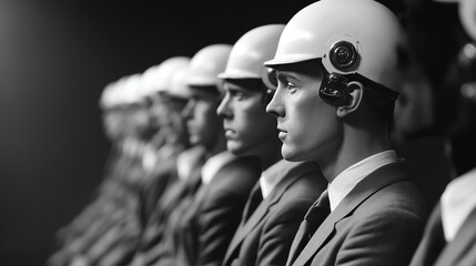Row of individuals in suits and helmets, symbolizing technology and innovation in a futuristic setting.