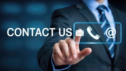 Businessman's hand presses glowing "CONTACT US" with icons for email, phone, and @ symbol