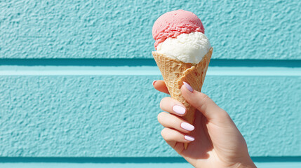 Female hand with pastel pink nails holds a strawberry and vanilla ice cream cone against a bright turquoise wall.