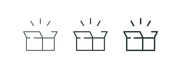 Gift surprise, prize bonus, mystery giftbox outline icons. Line signs open carton box with a shining five-pointed star. Vector isolated pictograms for web and apps on white background editable stroke.
