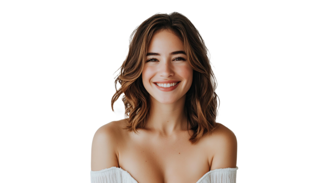 A radiant brunette model with a beautiful smile, showcasing healthy skin and long flowing hair, isolated on transparent background. PNG