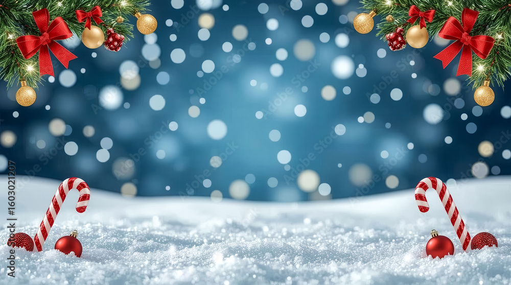 Poster a blue background with red bows and gold balls. the background is a snowy scene with two red and whi