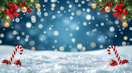 A blue background with red bows and gold balls. The background is a snowy scene with two red and white candy canes
