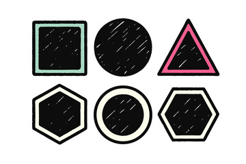 Six abstract geometric shapes with colored outlines on circle square