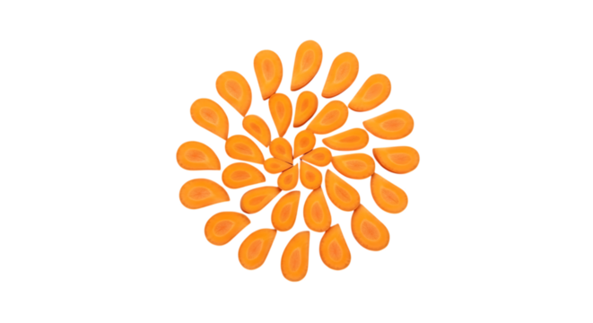 Abstract organic shape of orange segments arranged in a spiral pattern isolated on transparent background