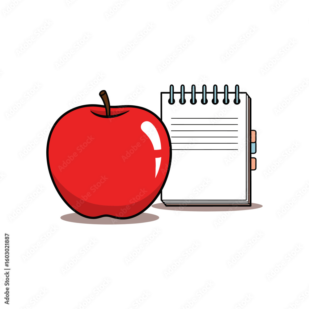 Poster a cartoon illustration of a red apple next to a notebook with lines on a white background scene styl