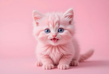 Small kitten with cotton-candy pink fur and bright eyes smiling playfully, isolated on pastel pink backdrop.