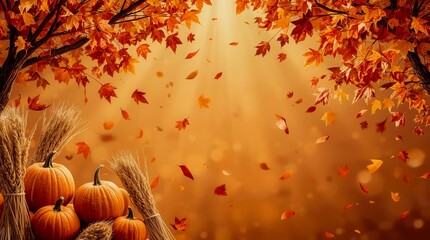 A fall scene with a tree full of orange leaves and pumpkins. The pumpkins are arranged in a row and the leaves are scattered around them. Scene is warm and cozy, evoking the feeling of autumn