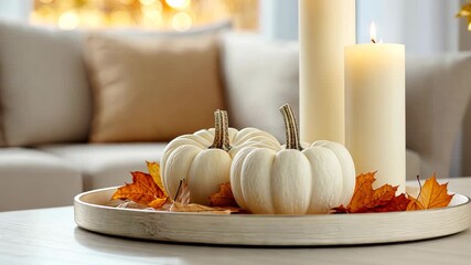 Enjoy a stylish display of white pumpkins and lit candles surrounded by autumn leaves, creating a warm and inviting atmosphere - Powered by Adobe