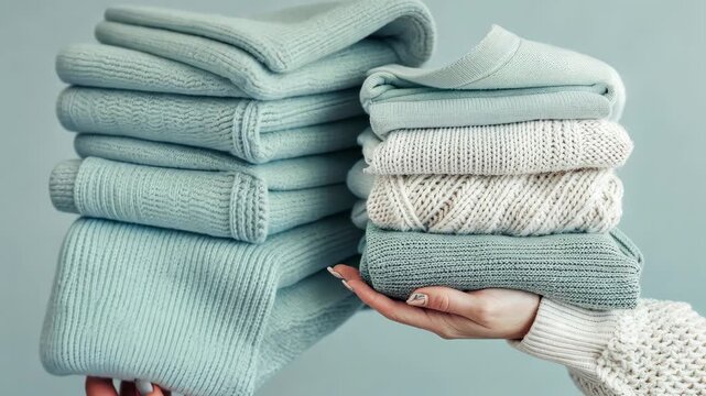A hand showcases neatly folded sweaters in calming colors, perfect for those looking to enhance their cozy wardrobe and home style