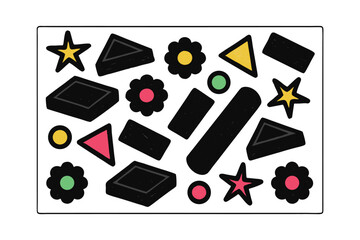 A playful abstract composition with colorful geometric shapes flowers blue circle