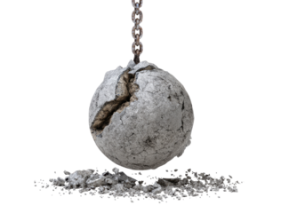 A cracked, heavy sphere hangs by a chain, surrounded by debris