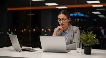 Young Professional Woman Working Late at Night with Laptop in Modern Office with City Lights and Reflections