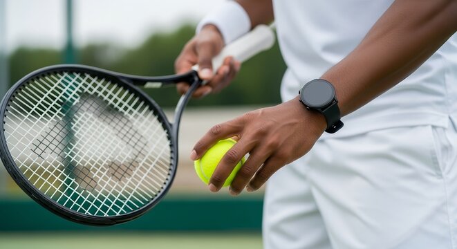 Close-Up of Tennis Player in White Athletic Wear Holding Neon Ball and Racket Before Serve on Court - Powered by Adobe