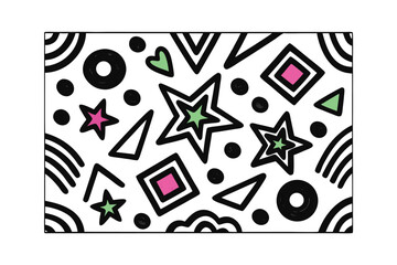 A vibrant abstract seamless pattern featuring stars circles squares hearts graphic