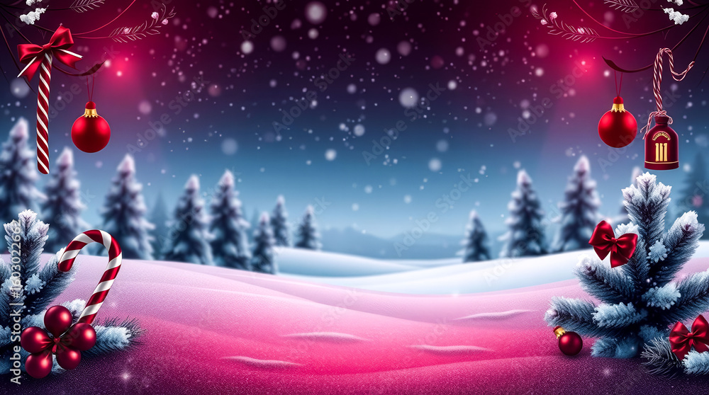 Poster a christmas scene with a red and white background and a pink and white snow-covered field. a tree wi