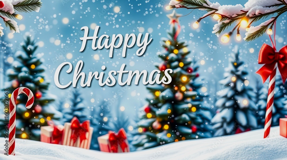 Poster a christmas scene with a tree and a candy cane. the tree is surrounded by boxes and a banner that sa