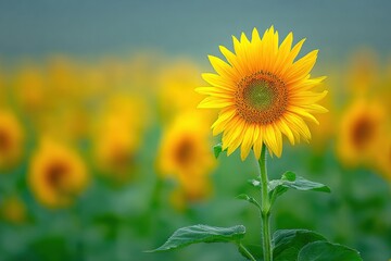 Obraz premium A vibrant sunflower stands out in a field of sunflowers.