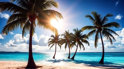 A beautiful beach scene with palm trees and a clear blue ocean. The sun is shining brightly, creating a warm and inviting atmosphere. The palm trees are tall and lush, providing a sense of tranquility