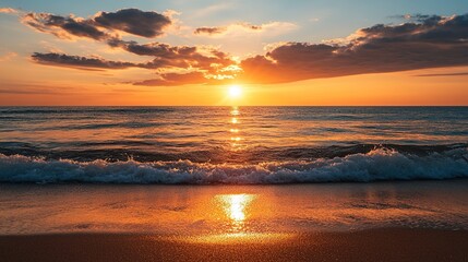 A vibrant sunset casts warm golden hues over gentle ocean waves rolling onto a sandy beach under a partly cloudy sky.