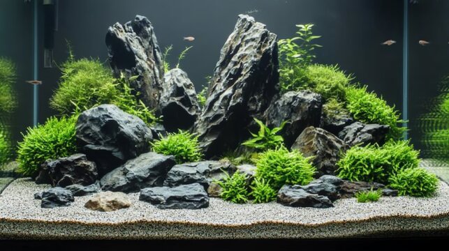 Serene aquascape with rocks and green plants in a fish tank. Balanced underwater ecosystem.